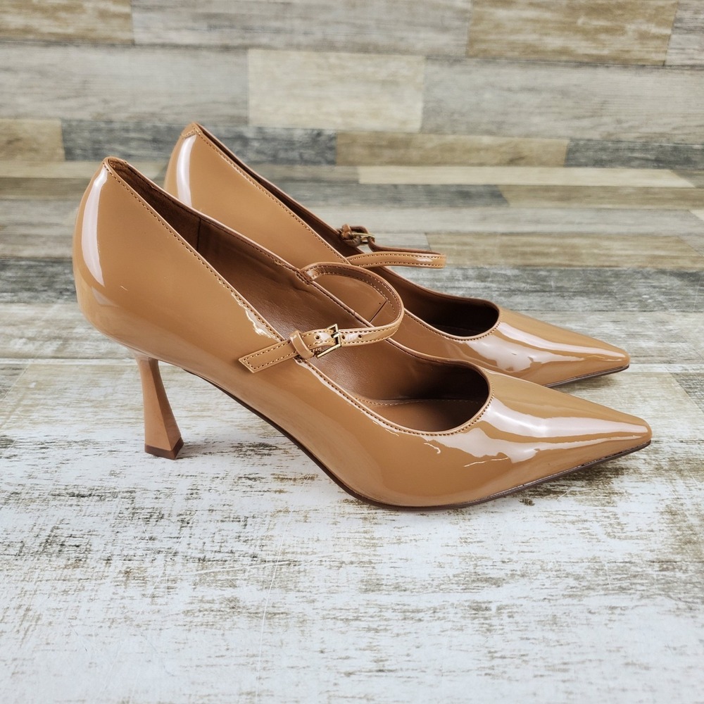 Nine West Krest Womens Mary Jane Pumps Sz 7 Beige Patent Leather Knitted Heel